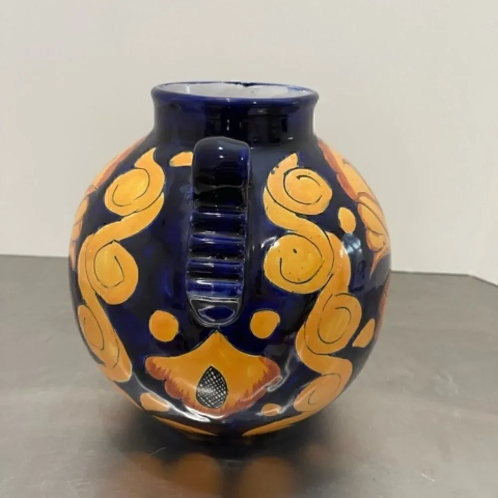 Castillo Hecho En Mexico Handmade Handled Urn Pot Red Clay Cobalt Yellow Flowers